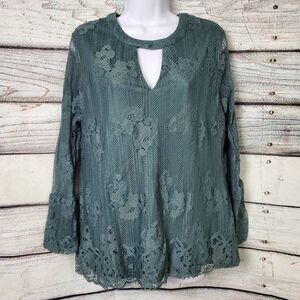 Ultra Pink Women’s Teal Lace Overlay Long Sleeve Blouse Top L